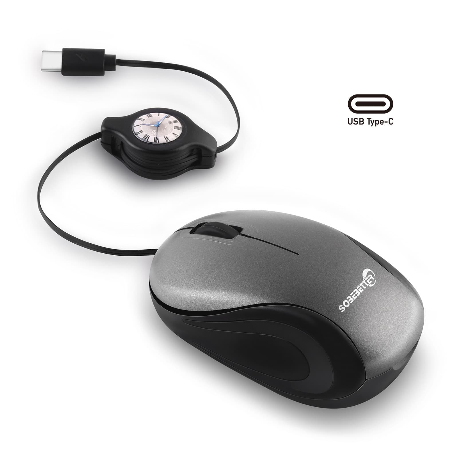Grey and Black Portable Mini USB-C Mouse with Retractable Cable - Silent