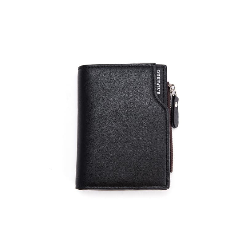 Black Men's Slim Vertical Bifold Wallet - PU Leather Card Holder with Zipper