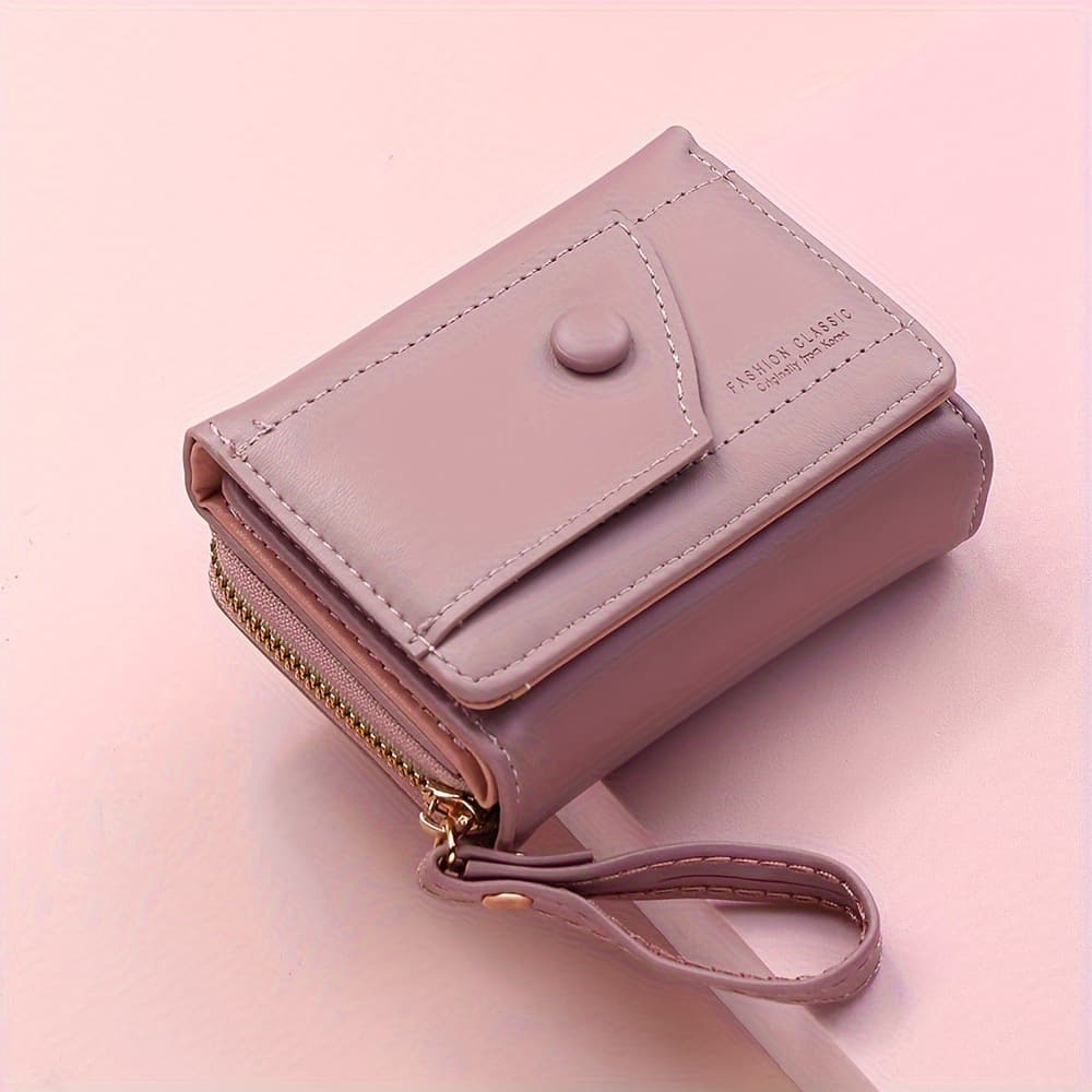 Purple Compact Trifold Wallet for Women - PU Leather Card Holder with Zipper