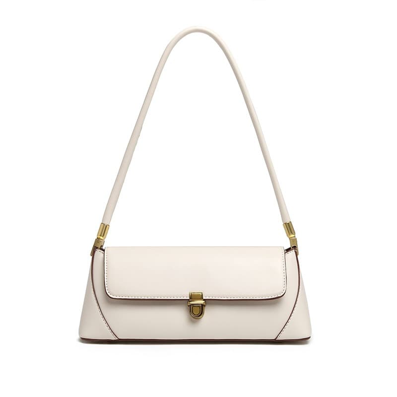 Beige Vintage Baguette Shoulder Bag - PU Leather Underarm Purse with Gold