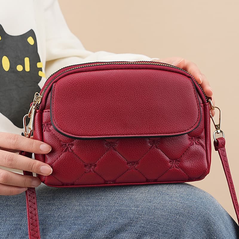 Red Quilted Crossbody Bag - Multi-Compartment PU Leather Shoulder Purse