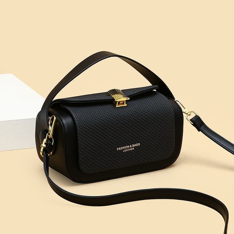 Black Top Handle Crossbody Bag - Structured PU Leather Box Purse for Women
