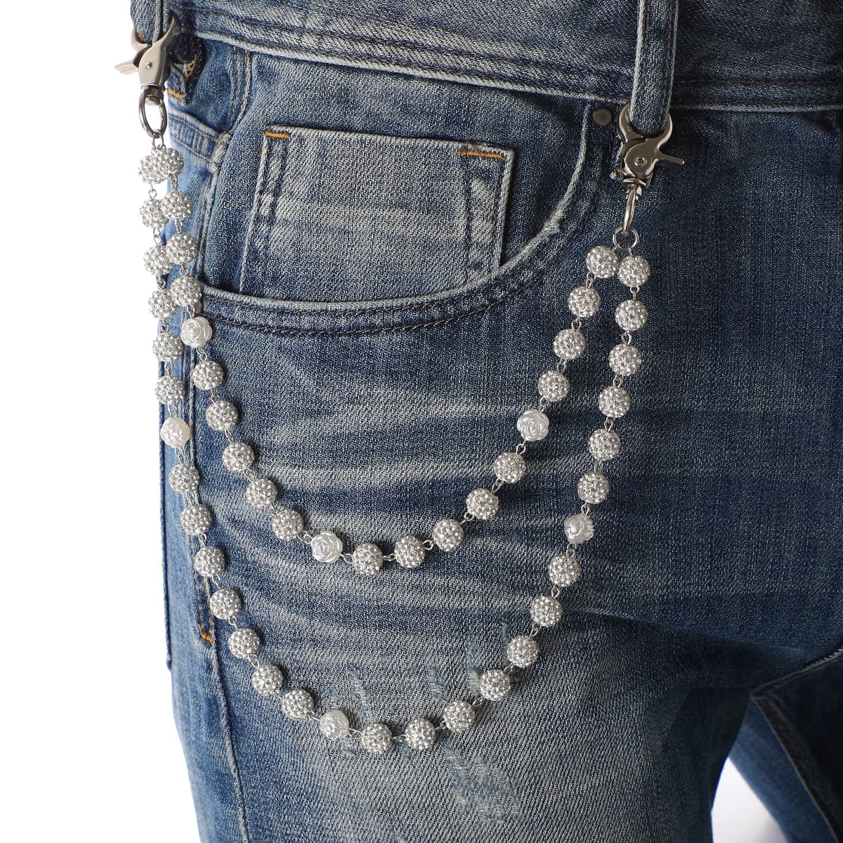 Silver and White Bling Rhinestone Beaded Wallet Chain - Double Layer Hip Hop
