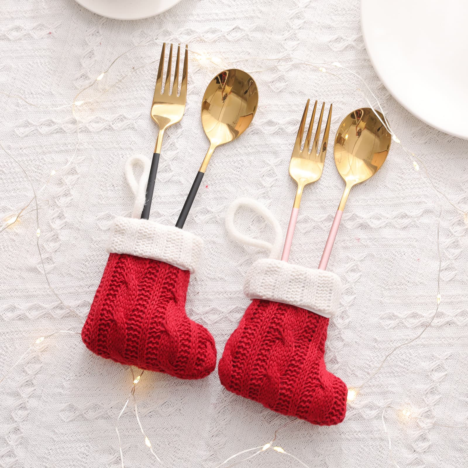 Christmas Decoration Mini Knitted Stockings Cutlery - Tableware not included