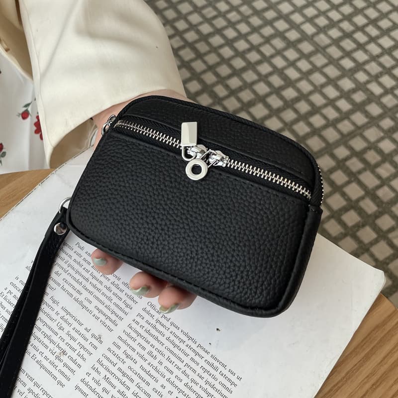 Black Women's Mini Genuine Leather Coin Purse Double Zipper Organiser