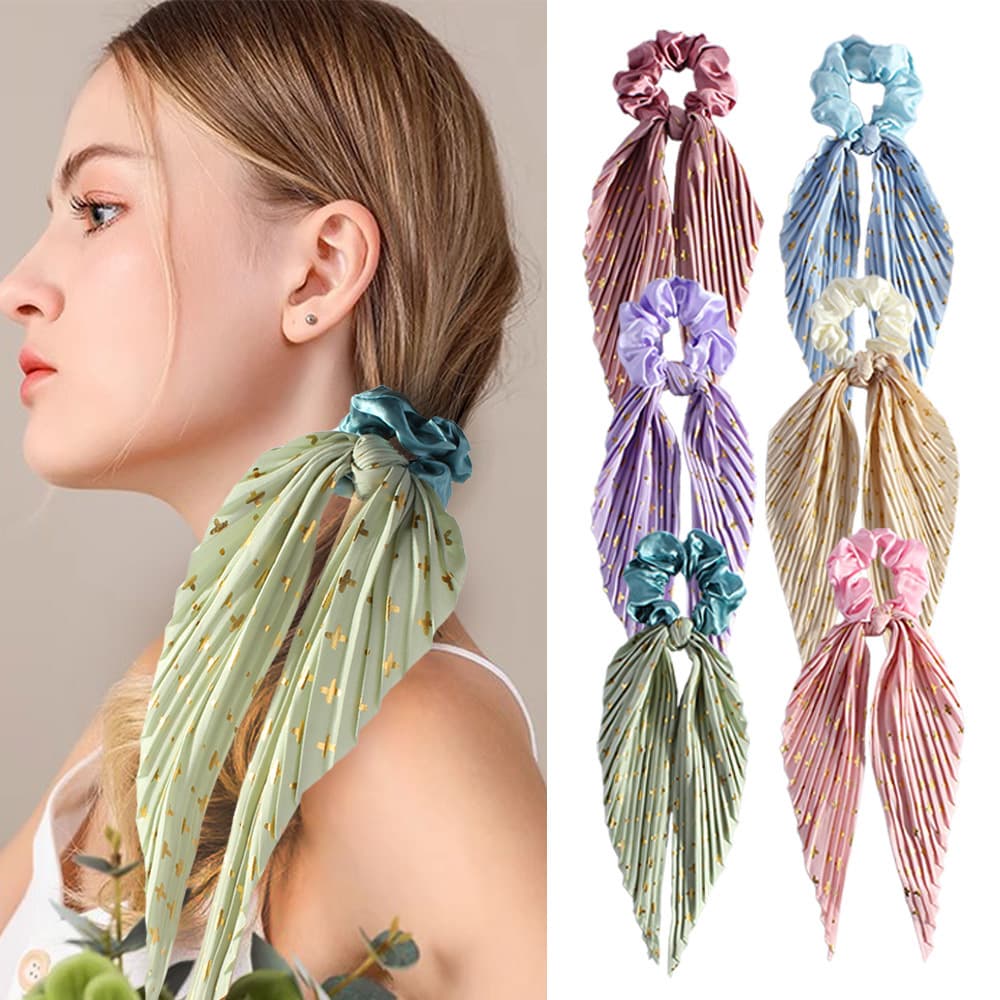 Handmade Pleated Scrunchie with Ribbon Ponytail Holder Hair Tie Hair