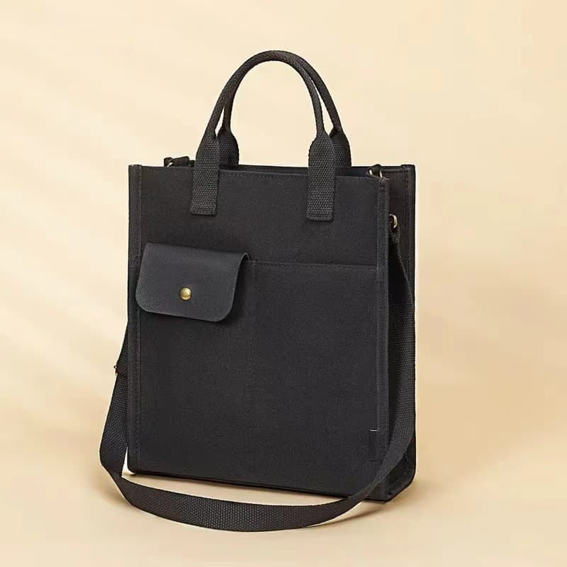 Black Unisex Canvas Tote Bag - Structured Vertical Shoulder Satchel
