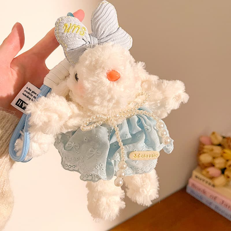 Blue Floppy Eared Bunny Plush Doll with Pearl Necklace and Ribbon - F-4973