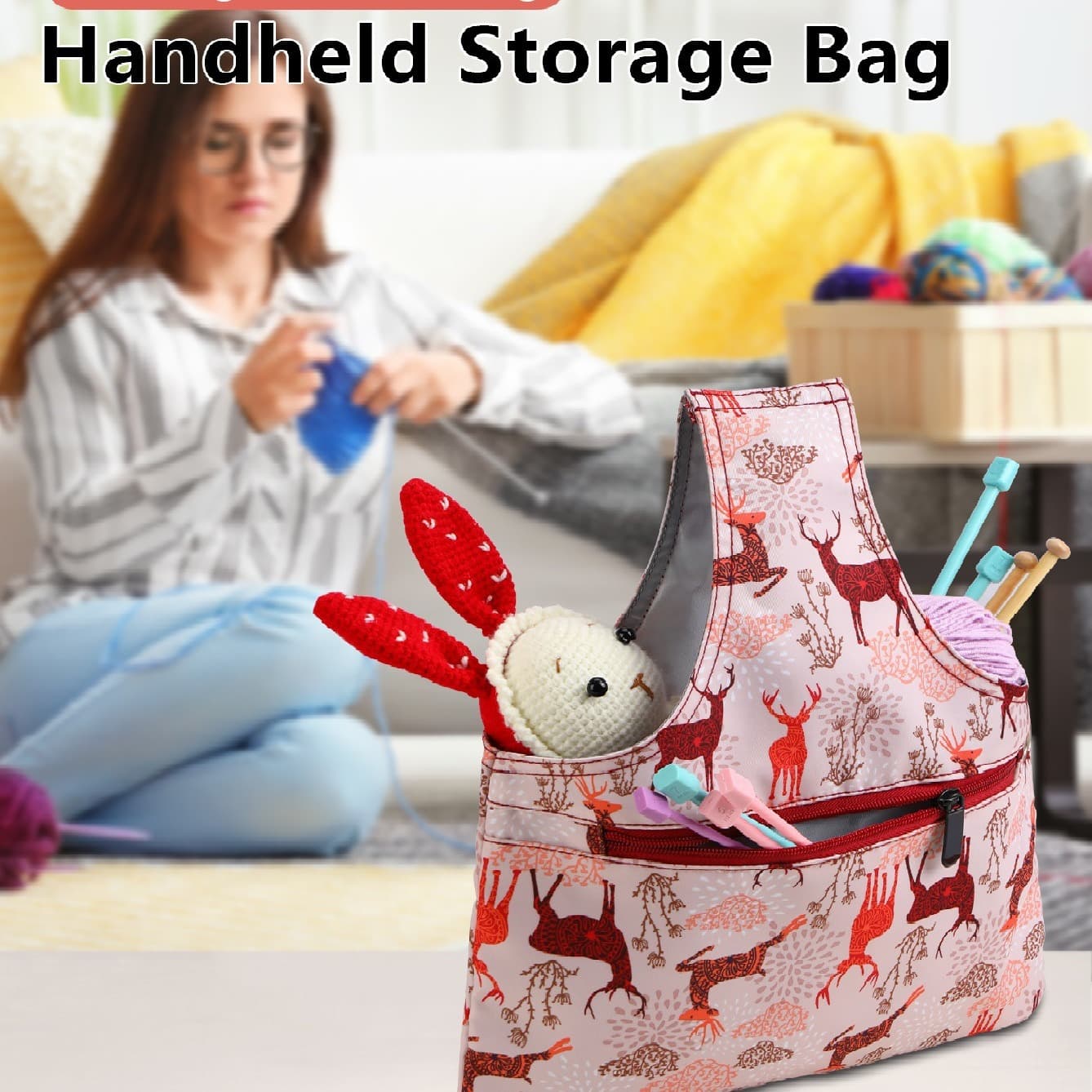 Pink Knitting Storage Tote Bag - Deer Pattern Craft Organizer with Zippered