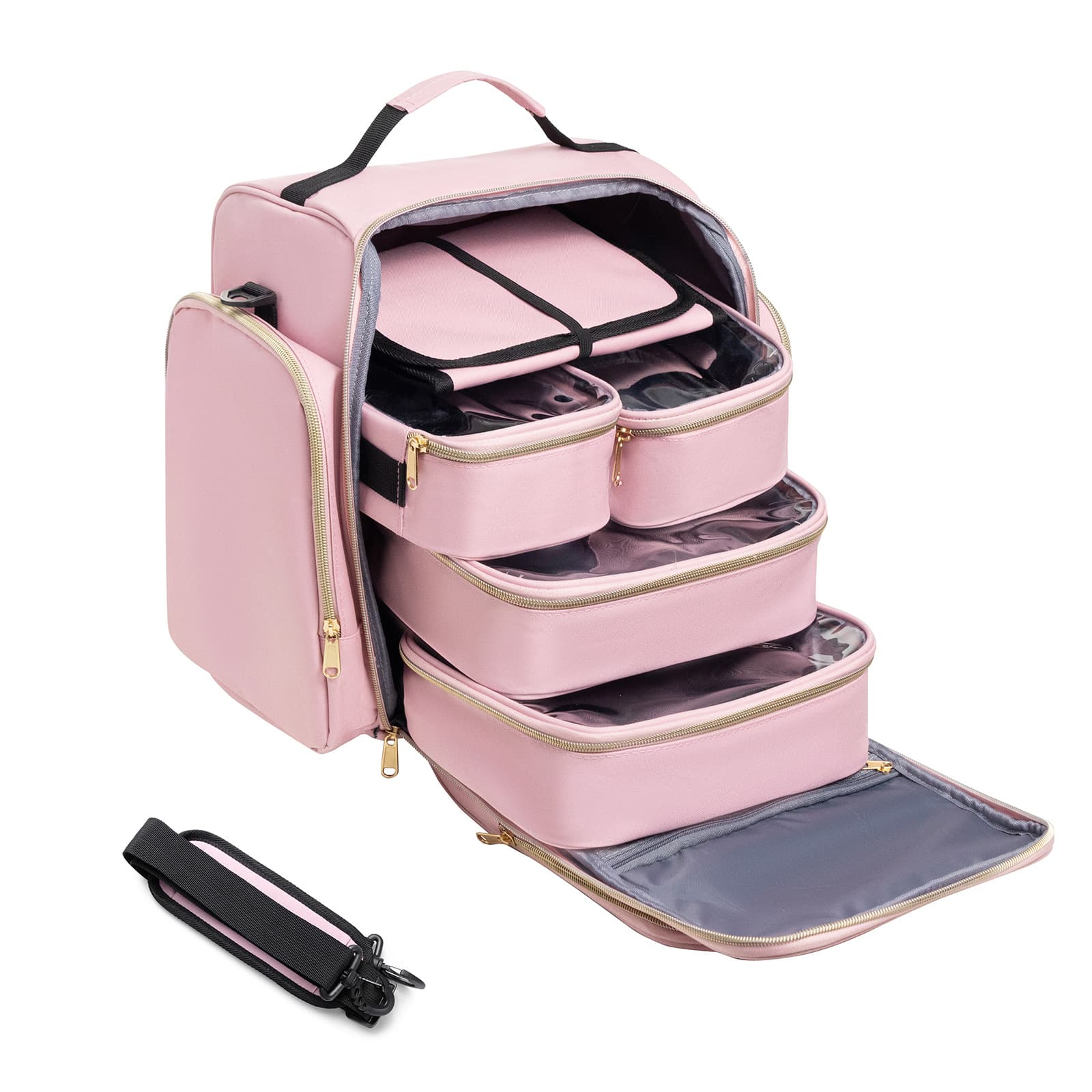 Large Capacity Travel Makeup Backpack with 5 Removable Organizer - Pink