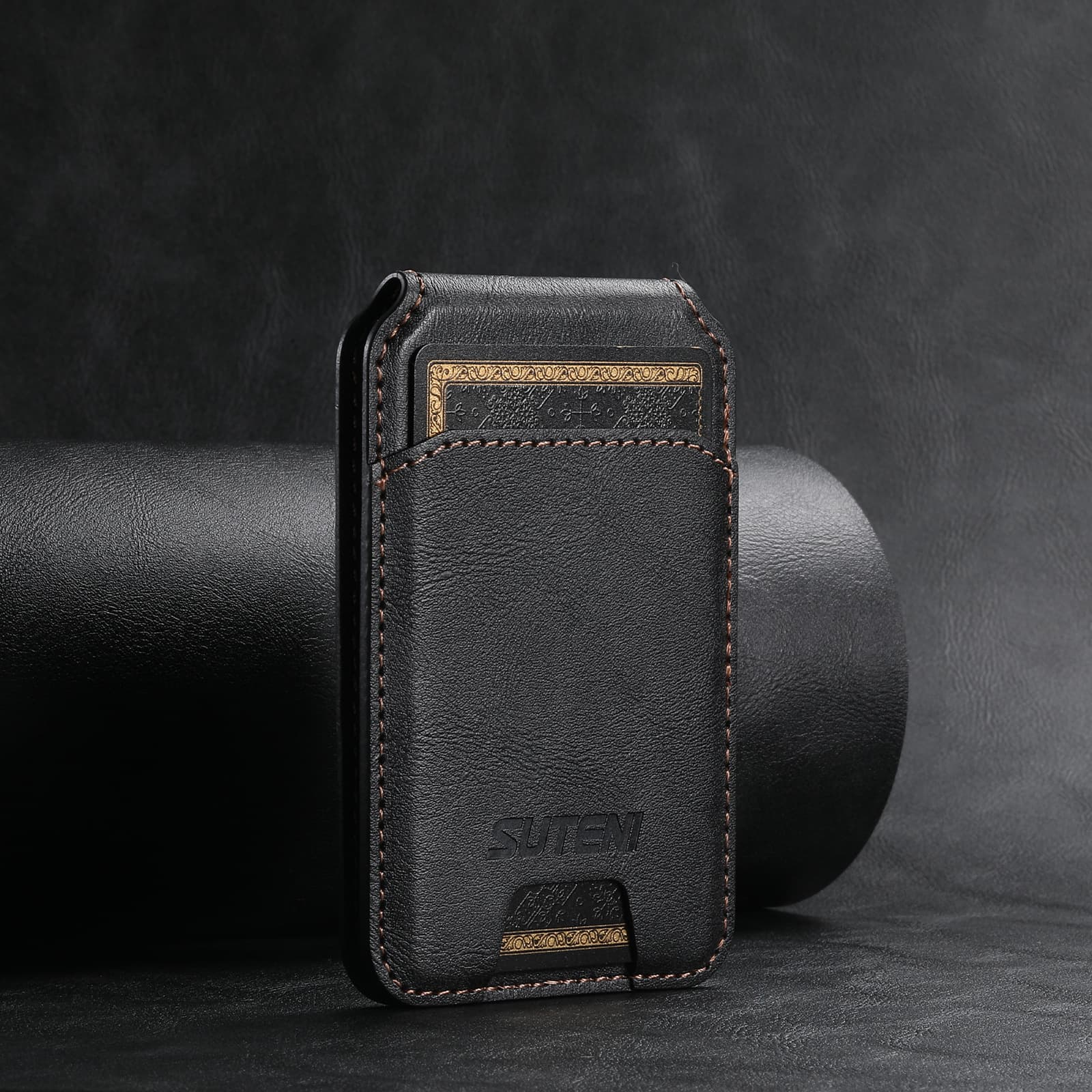 Black Slim Magnetic Wallet with Kickstand for MagSafe - PU Leather Card