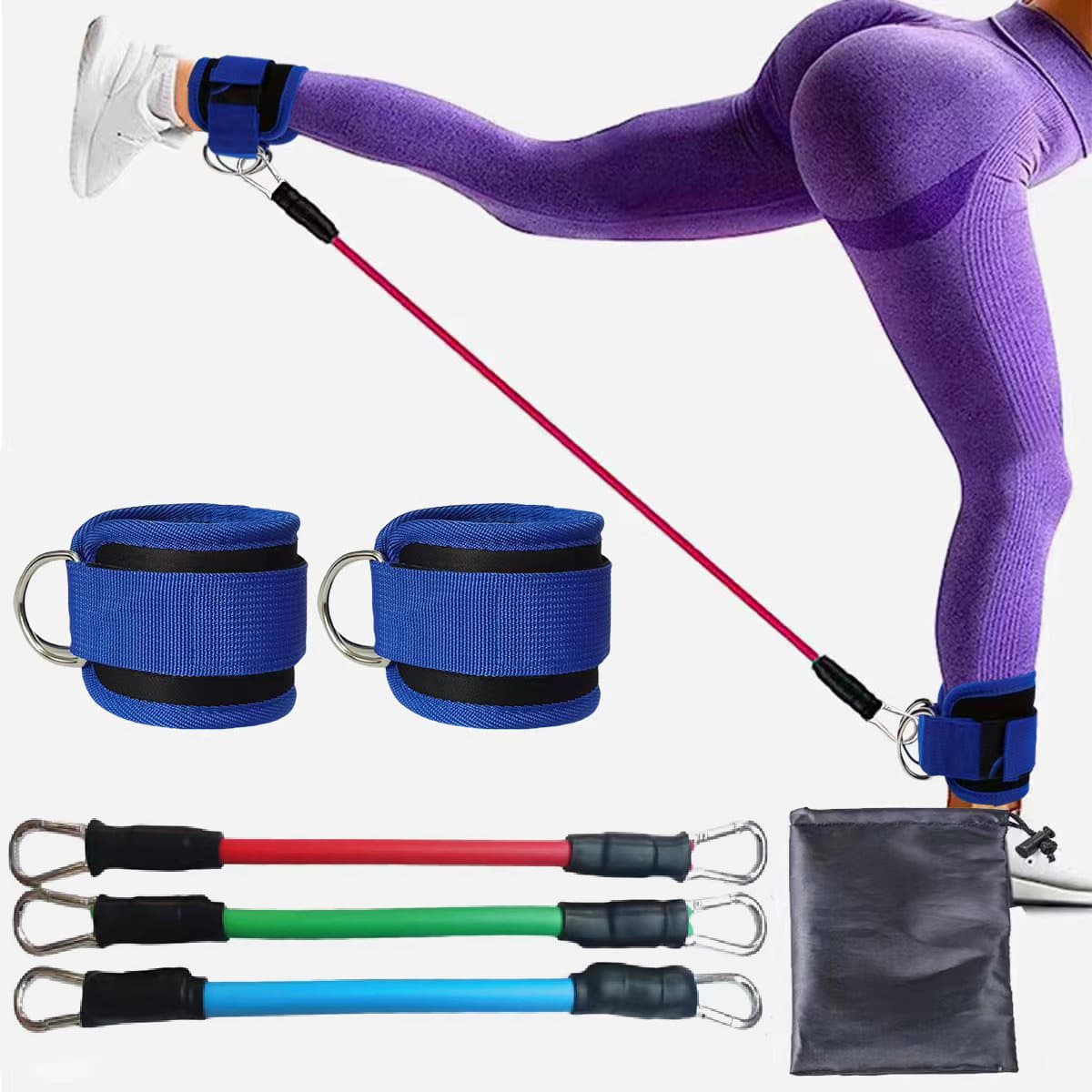 Blue Silver SnapResistance Bands Set with Ankle Straps for Glute - 10-30lbs