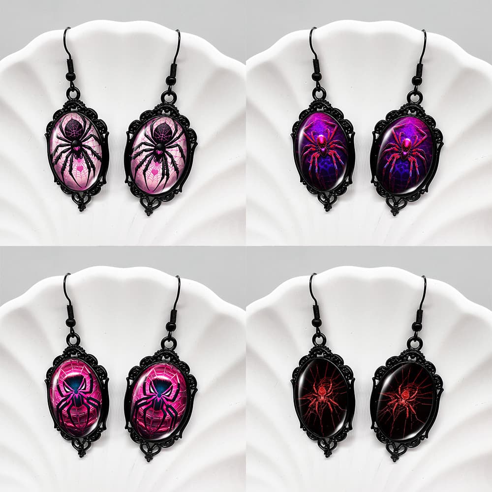 Gothic Spider Dangle Earrings - Vintage Black Frame - Assorted 4-Pair Set