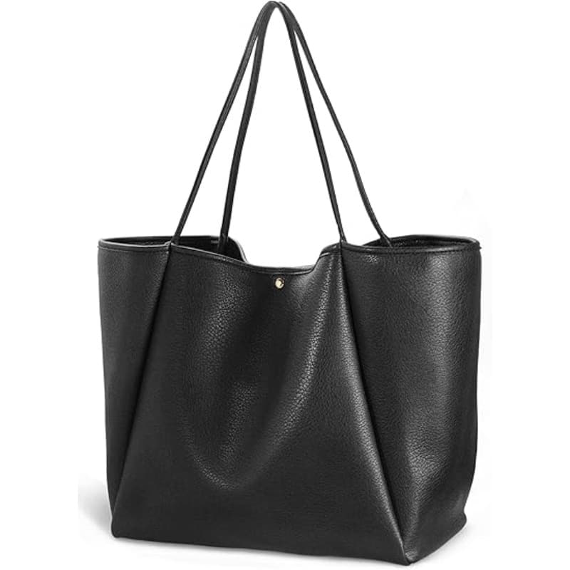 Black Classic Oversized Tote Bag - Soft Faux Leather Shoulder Purse