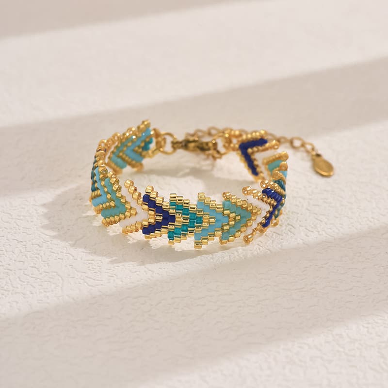 Blue Miyuki Beaded Bohemian Rainbow Arrow Handmade Stainless Steel Bracelet