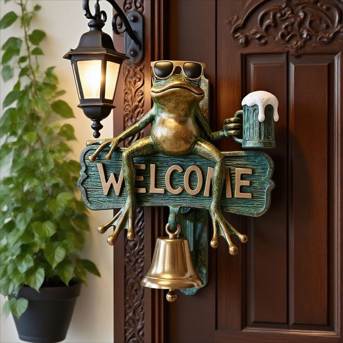 Chill Frog Welcome Doorbell - Sunglasses & Beer Frog Resin - 15 × 15 × 5 cm