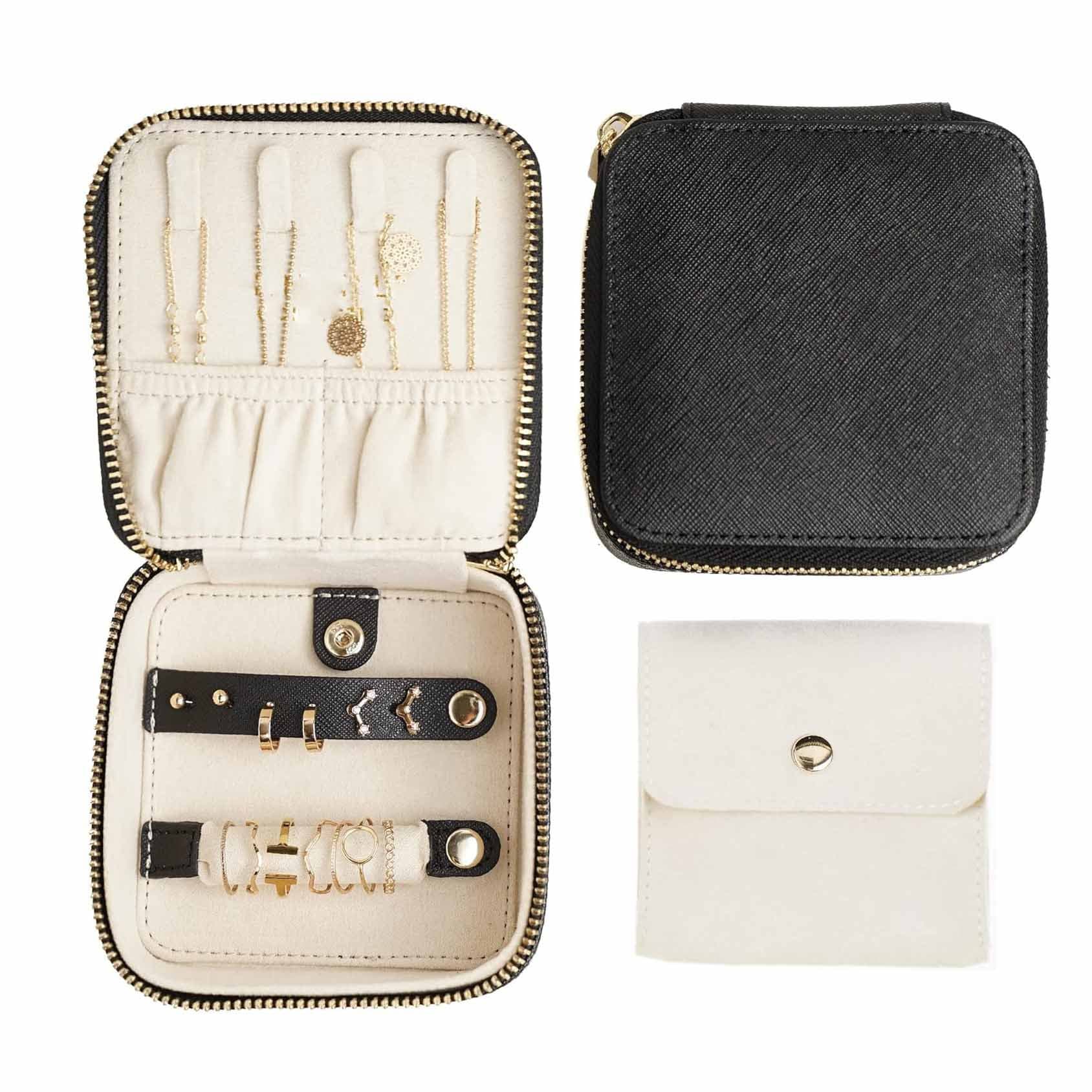 Black "Small But Mighty" Leather Jewelry Box - Portable - 4x4x2 inches