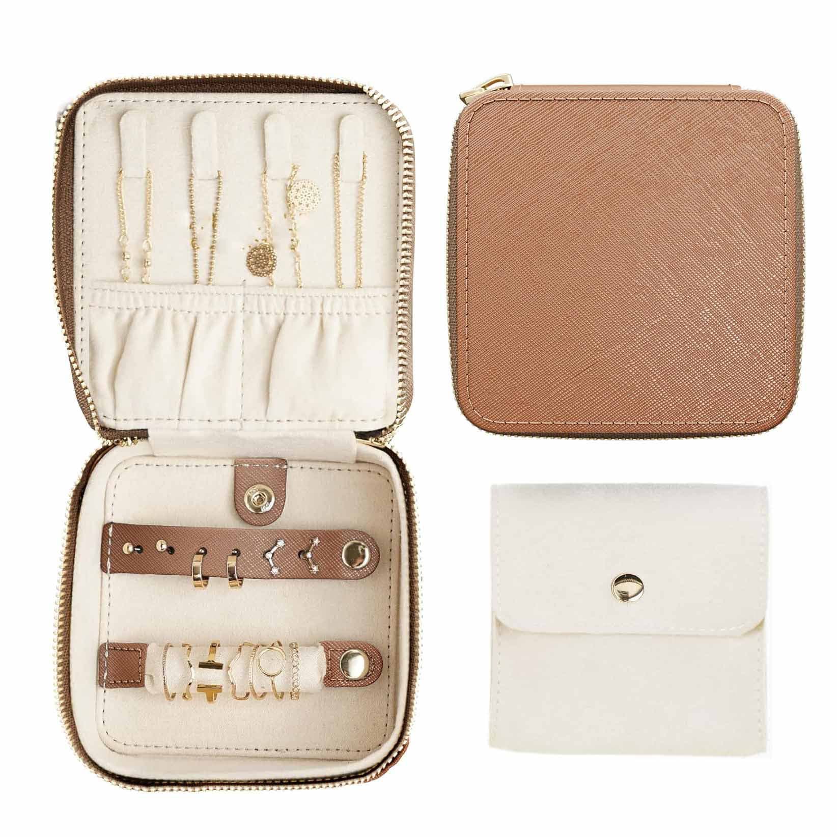 Brown "Small But Mighty" Leather Jewelry Box - Portable - 4x4x2 inches