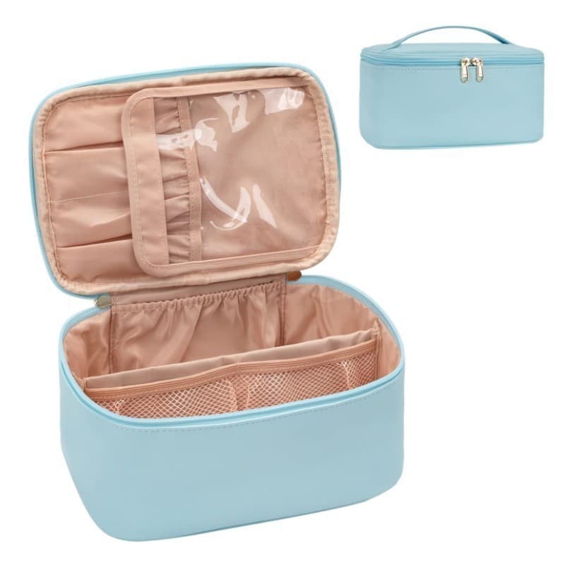 Blue Large Capacity Travel Makeup Bag Portable Cosmetic Case with Handle