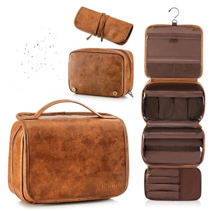 Brown Large Hanging Toiletry Bag Waterproof Leather Travel Organiser 4