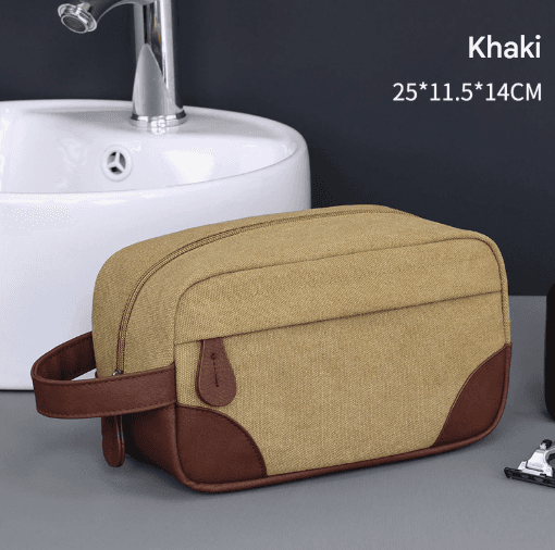 Khaki Men's Vintage Canvas Toiletry Bag PU Leather Accent Travel Wash Pouch