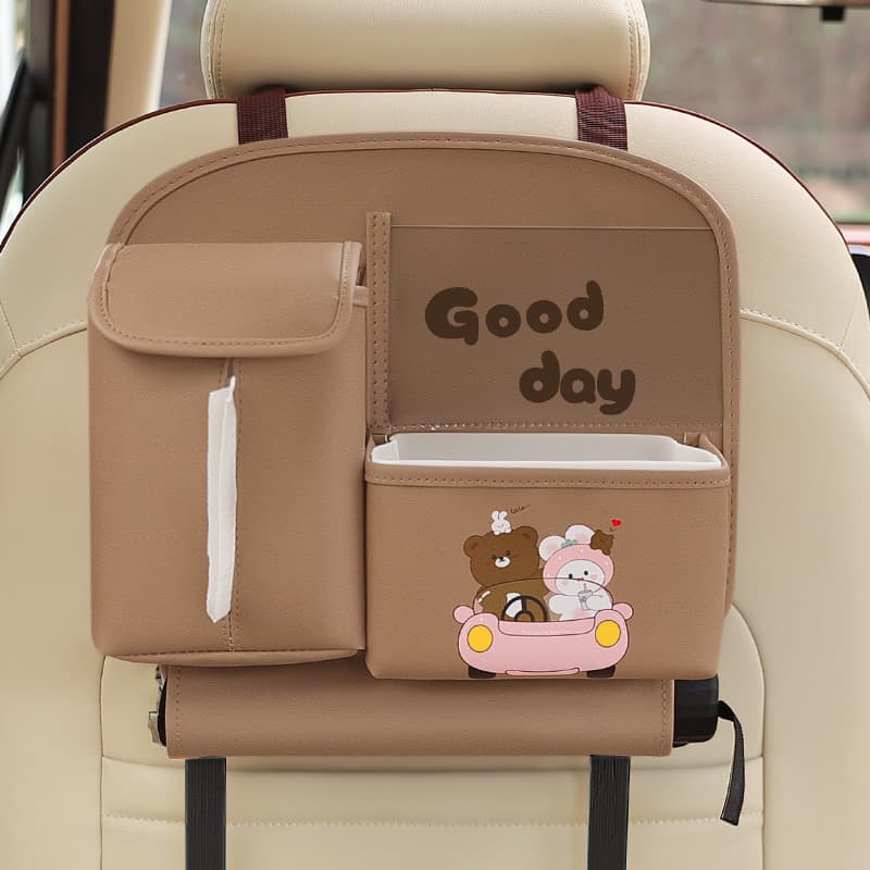 Brown Bear Car Back Seat Organiser PU Leather Hanging Storage Pouch