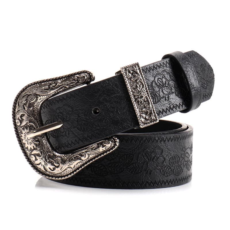 Black Women's Western Style Embossed Belt 2 Pack Vintage PU Leather