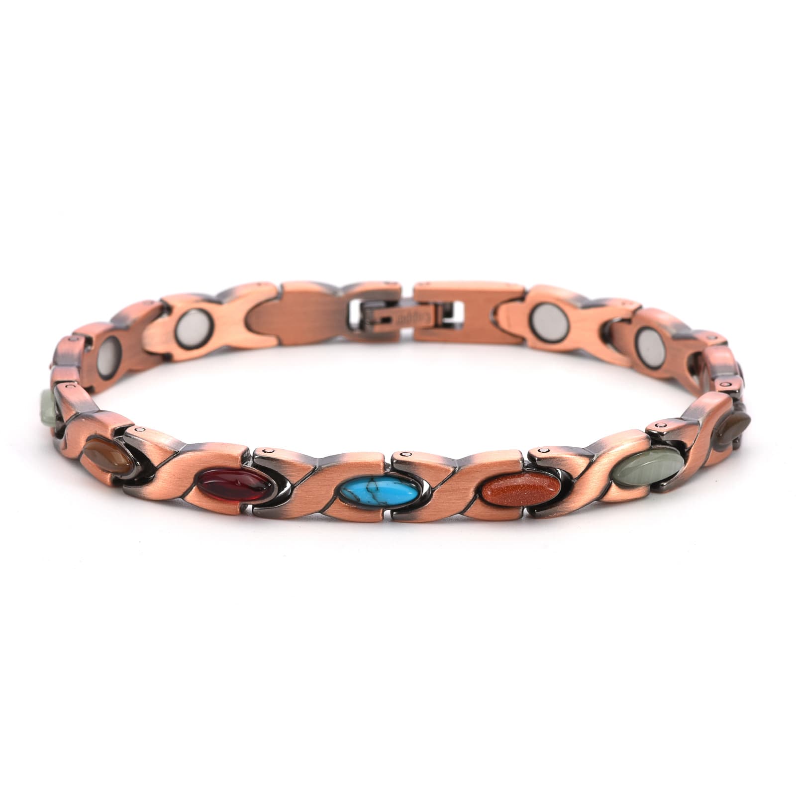 Vintage Copper Tone Magnetic Bracelet Unisex Fish Link Chain with Colourful