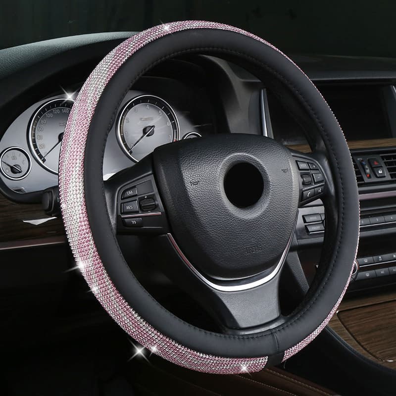 Pink-black Bling Crystal Steering Wheel Cover 38 cm Universal Fit Rhinestone