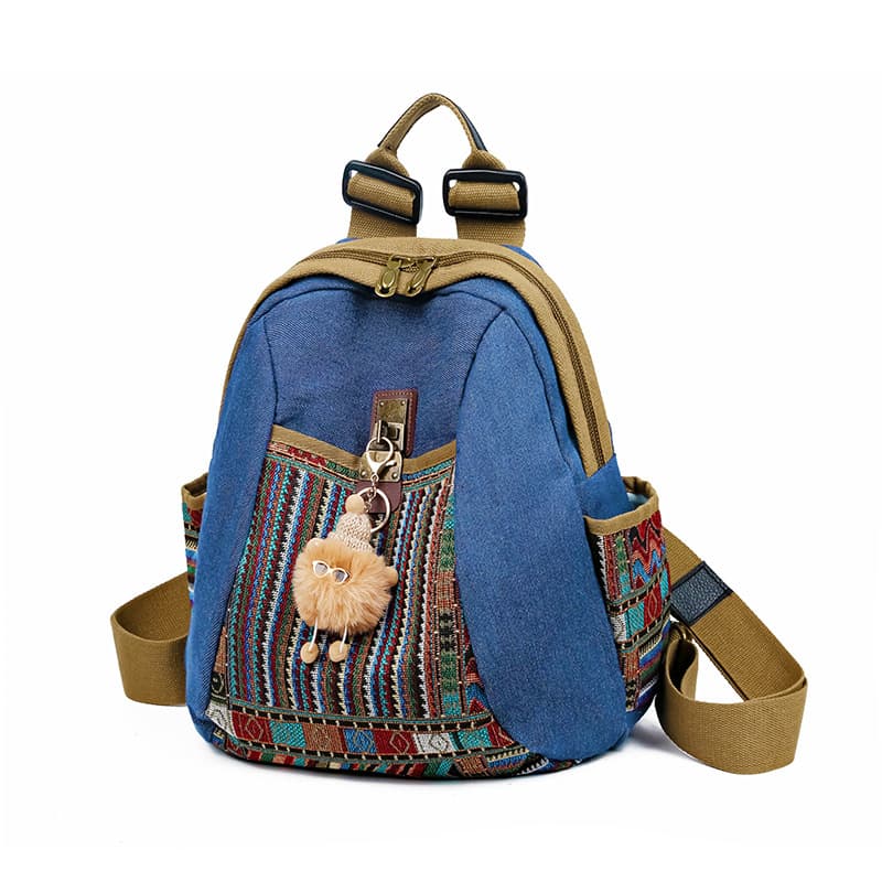 Vintage Denim Backpack with Boho Embroidery - Spacious - 39 cm Height