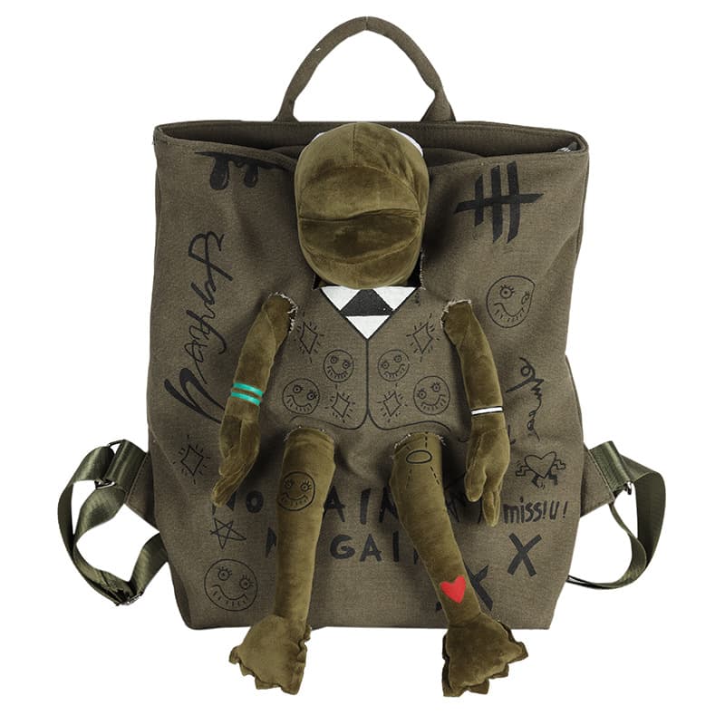 Green 3D Frog Graffiti Canvas Backpack Large Capacity 37 × 40 cm School Bag