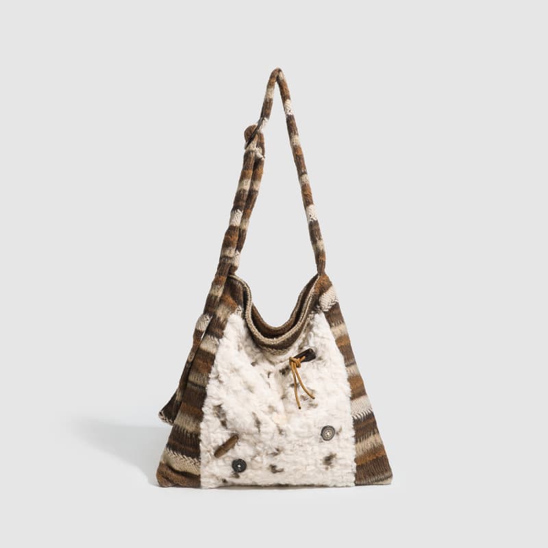 Women's Fur Splicing Large Tote Bag Wool Knit Shoulder Crossbody Bag