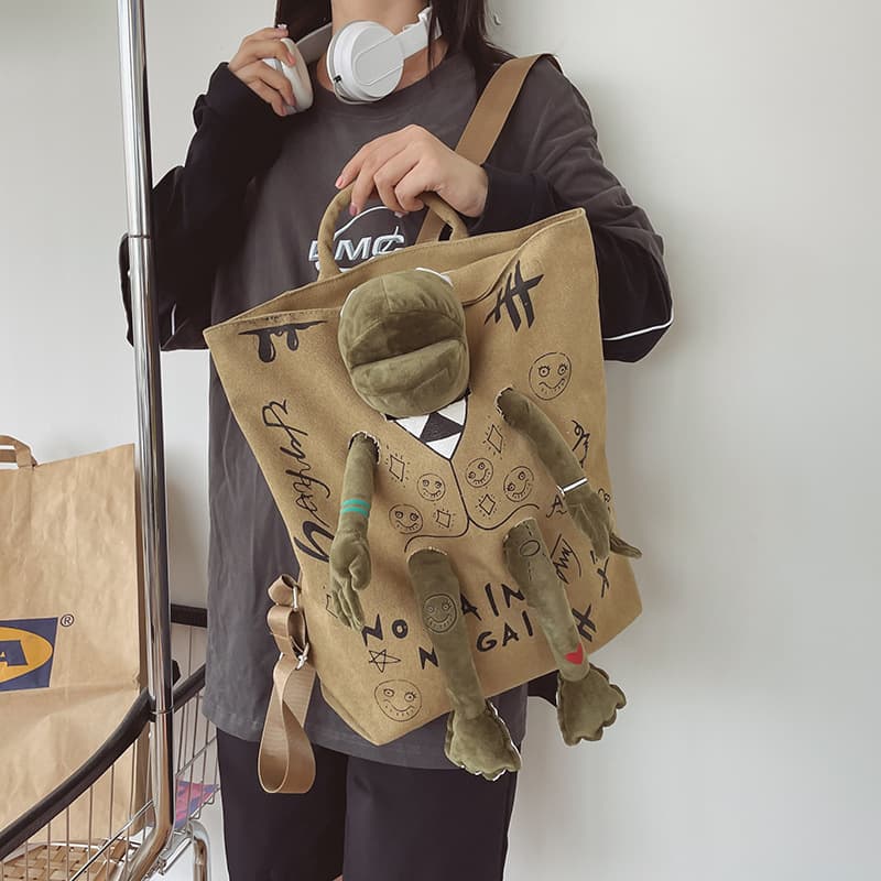 Khaki 3D Frog Graffiti Canvas Backpack Large Capacity 37 × 40 cm School Bag