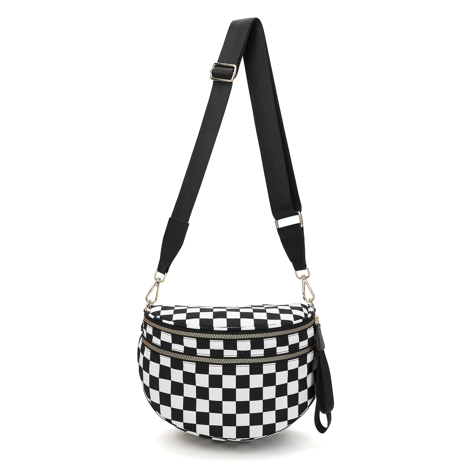 Black-and-white Checkered Pattern Women's Large Crescent Crossbody Bag