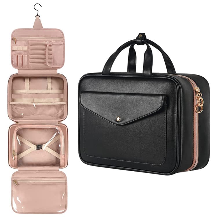 Black Portable Large Hanging Women's' PU Leather Cosmetic Bag