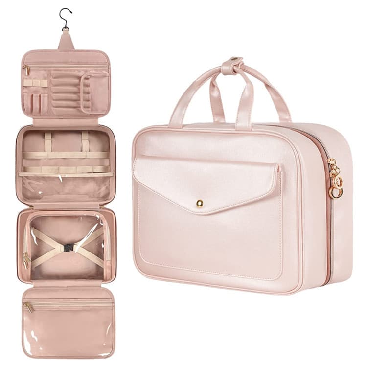 Pink Portable Large Hanging Women's' PU Leather Cosmetic Bag