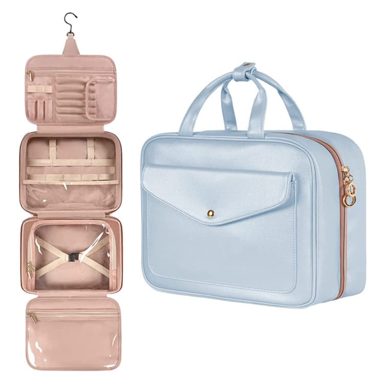 Blue Portable Large Hanging Women's' PU Leather Cosmetic Bag