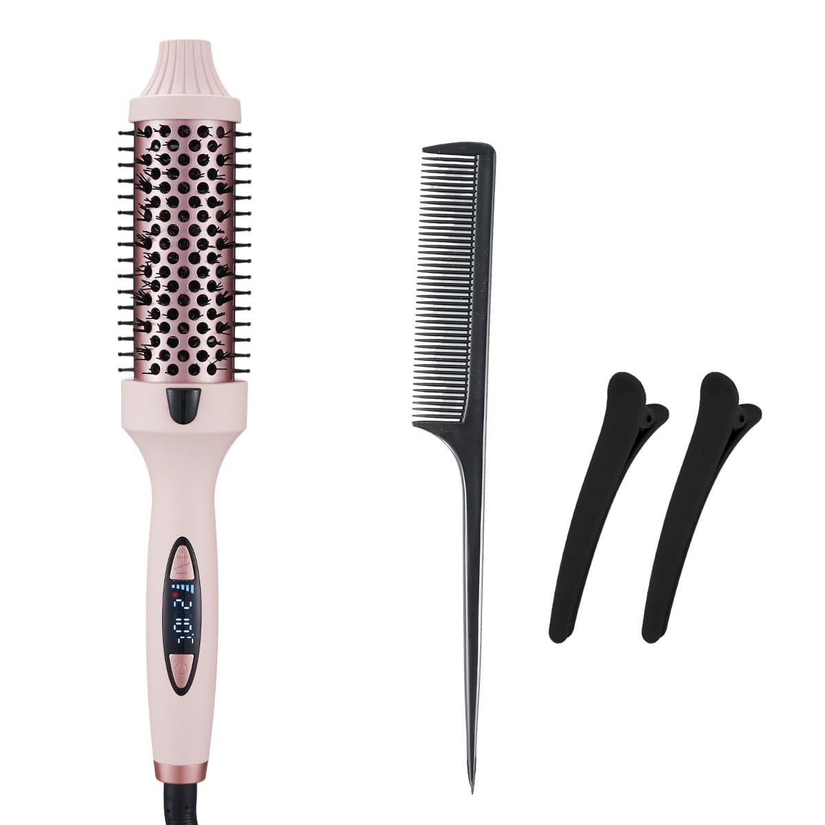 2-in-1 Pink Volumizing Hair Straightening Brush & Curling Iron - Tourmaline