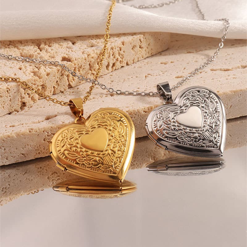 2-Pack Fading-Resistant Titanium Steel Heart Locket Necklace (Silver & Gold)