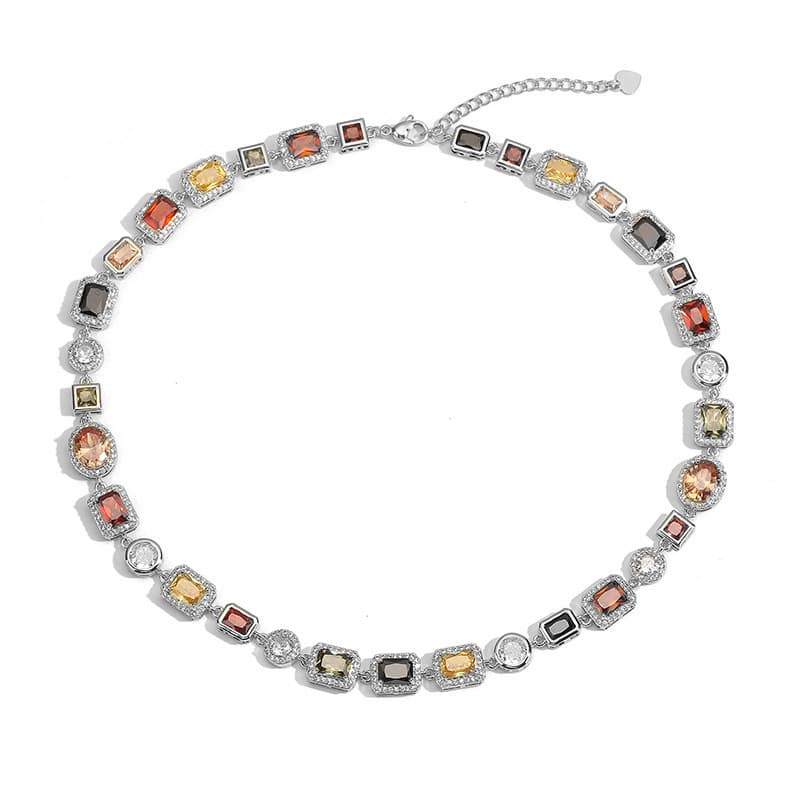 White-Gold Vintage Light Geometric Colorful Gemstone Choker Necklace