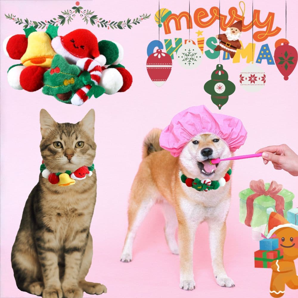 Christmas Pet Pom-Pom Adjustable Cotton Collar Set (2-Pack Size M) - Cat