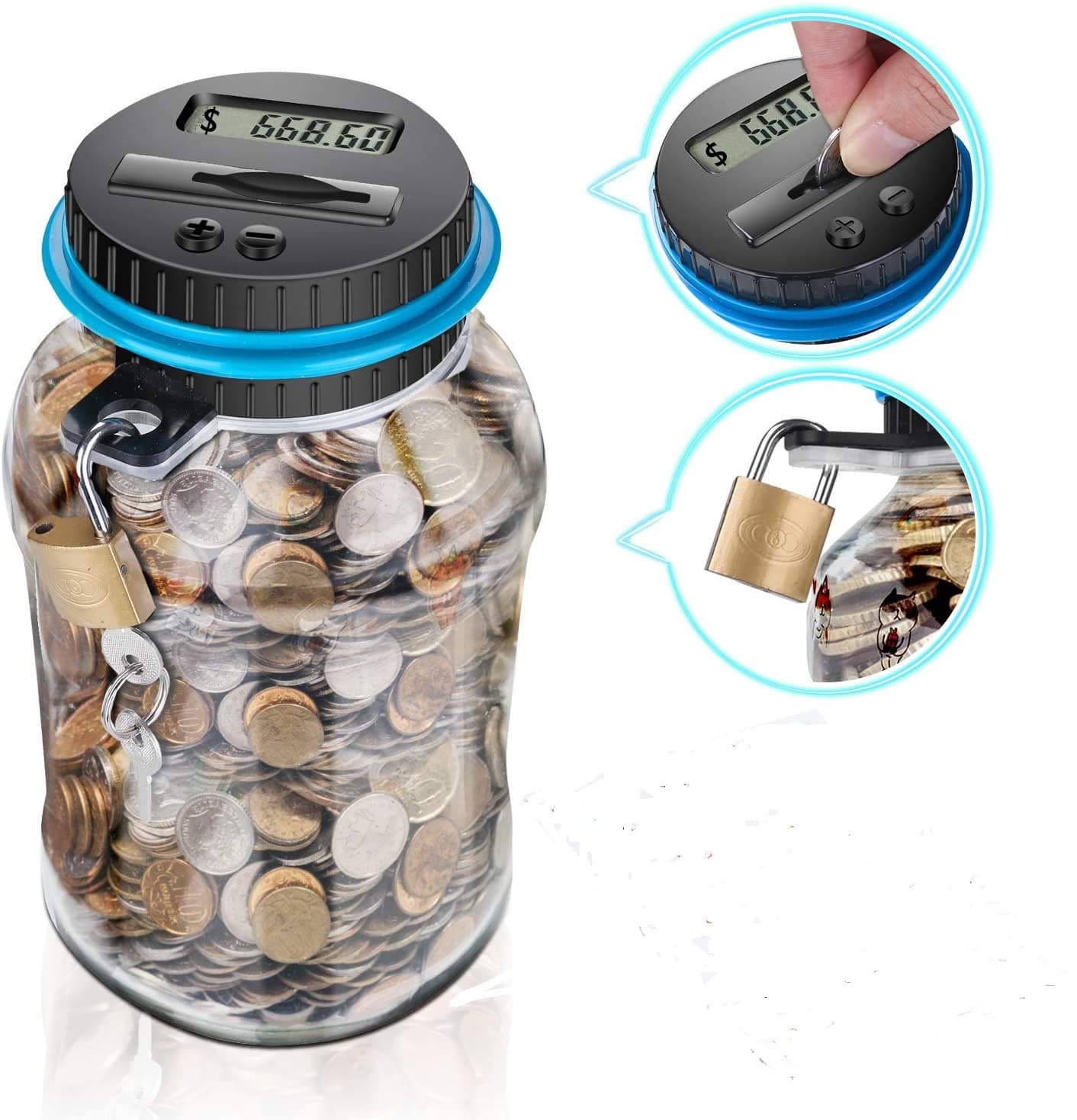 Digital Counting Money Box with Lock - Coin Compatible Piggy - 7.95x4.45in