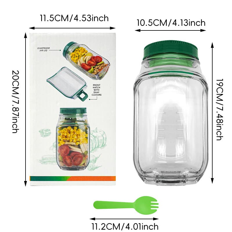 Green Portable All-in-One Side-Opening Salad Container Jar with Fork