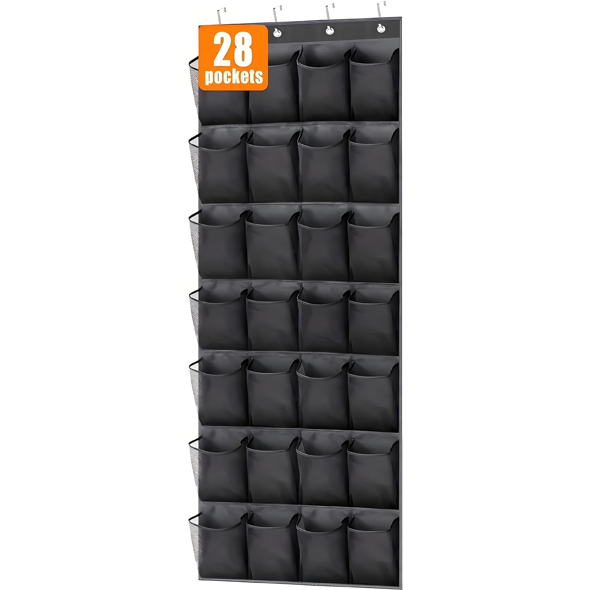 Black 28-Pocket Over-the-Door Shoe Organizer with Breathable Mesh - Wall