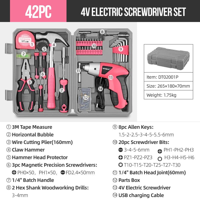 Pink 42 Piece Home Tool Set with 4V Cordless Electric Screwdriver Kit