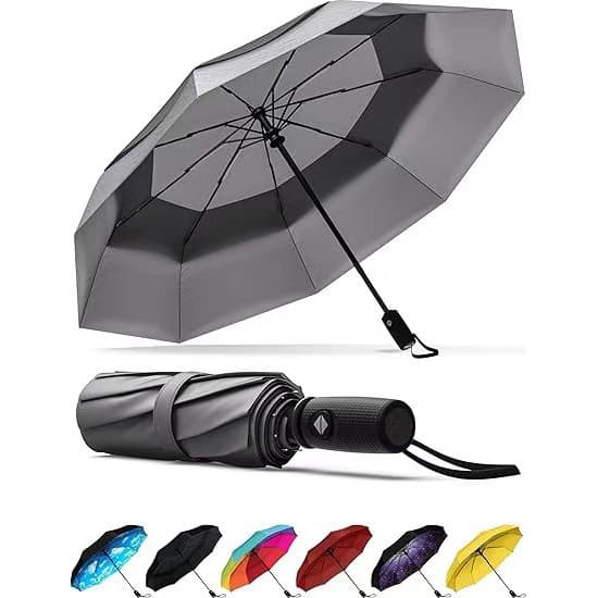 Grey Automatic Windproof Travel Umbrella Compact Folding Umbrella Auto Open