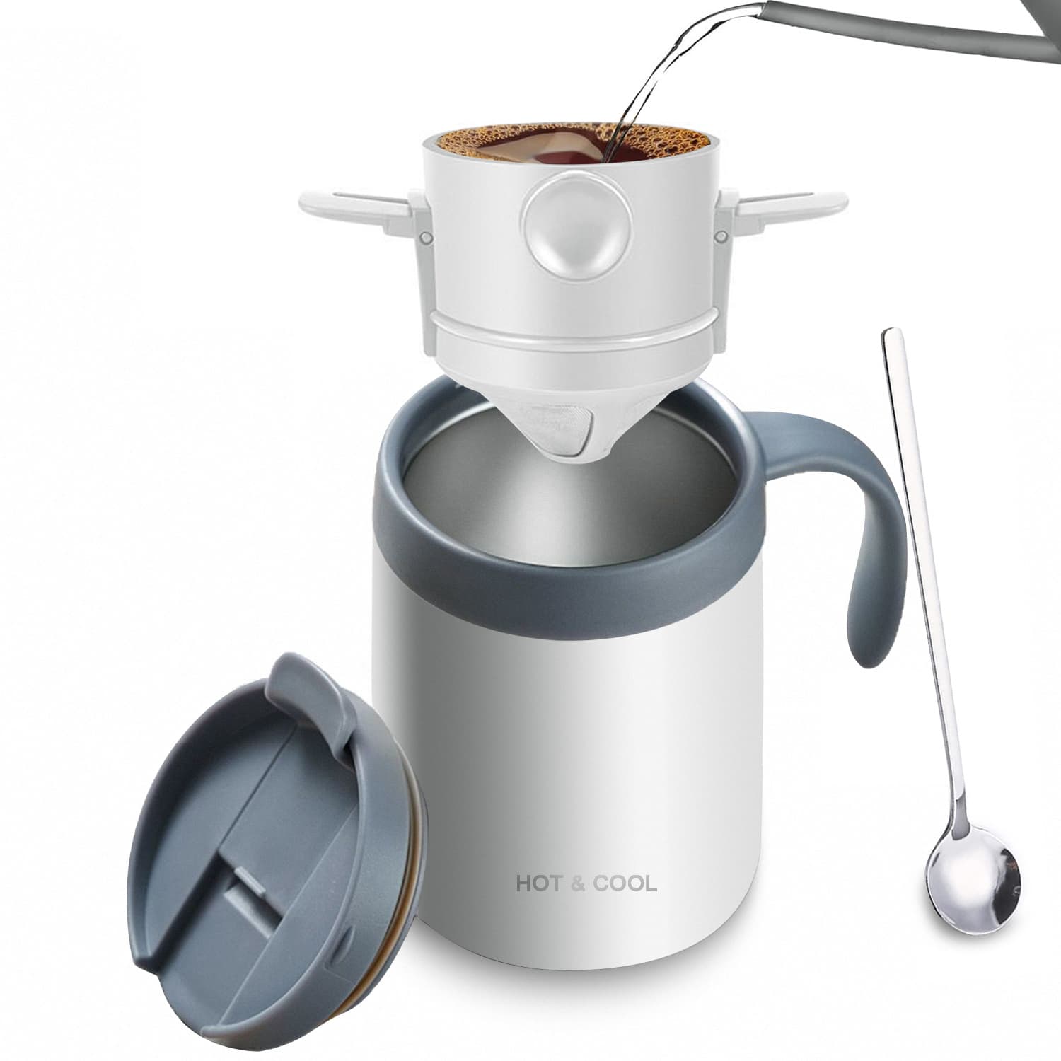 White Portable Pour Over Coffee Maker Set Insulated Stainless Steel Travel