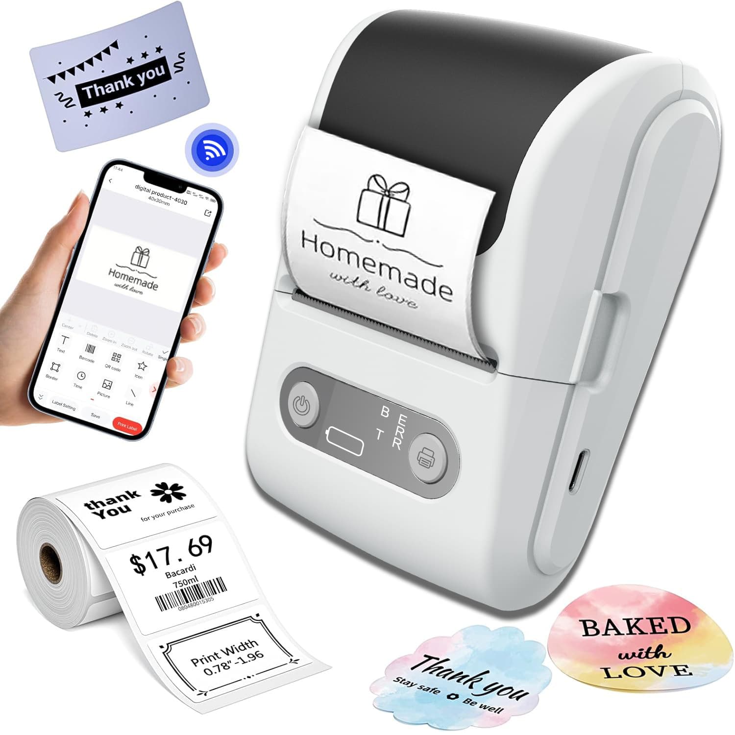White Portable Bluetooth Thermal Label Printer - Compact, Ink-Free Mini