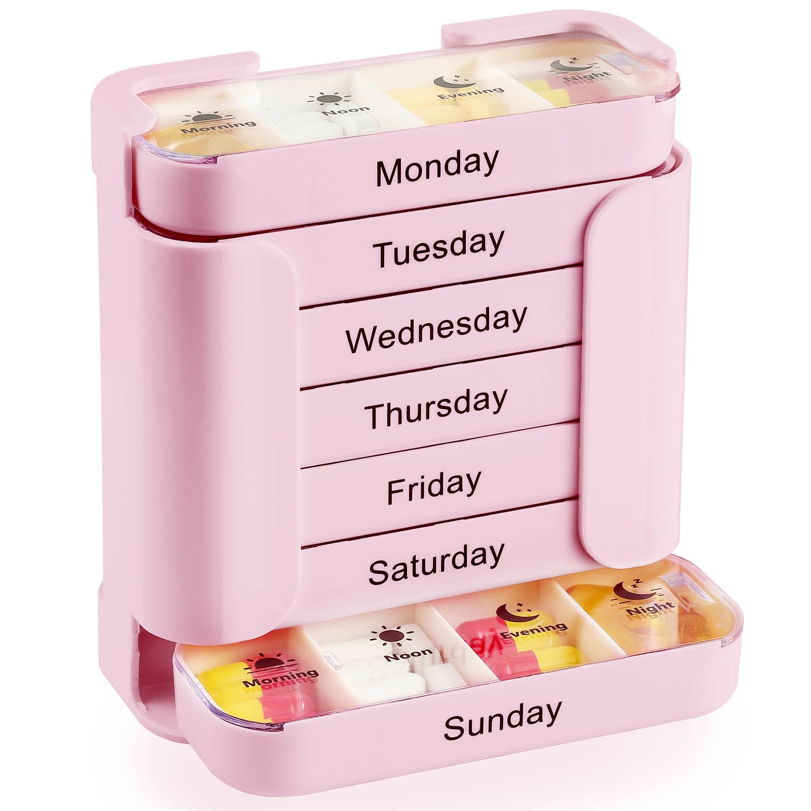 Weekly Pill Organiser Pink Tower - 7 Day Medicine Storage Box with 4 Daily