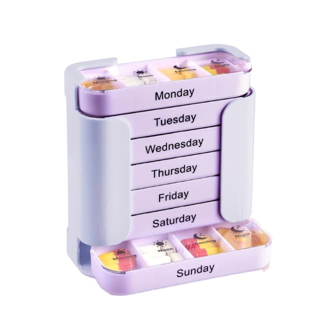 7 Day Weekly Pill Organiser Tower - White & Purple Medicine Storage Box